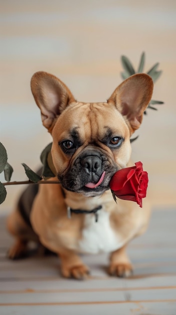 Photo a cute french bulldog dog with a tan coat holds a red rose in its mouth while sitting on a wooden floor perfect for themes related to love romantic pets and valentines day copy space