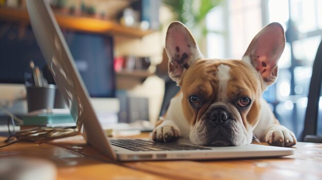 A cute French bulldog is lying on a laptop