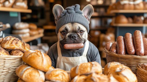 Photo a cute french bulldog is working in bakery wearing an apron and surrounded by bread