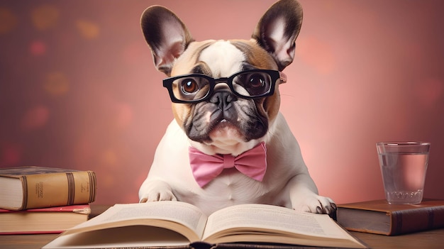 Cute french bulldog professor wearing glasses with pile of books AI generated image