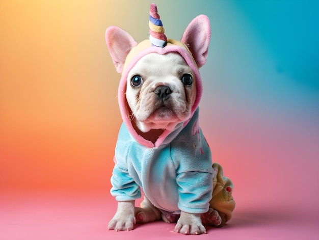 cute french bulldog puppy wearing unicorn costume