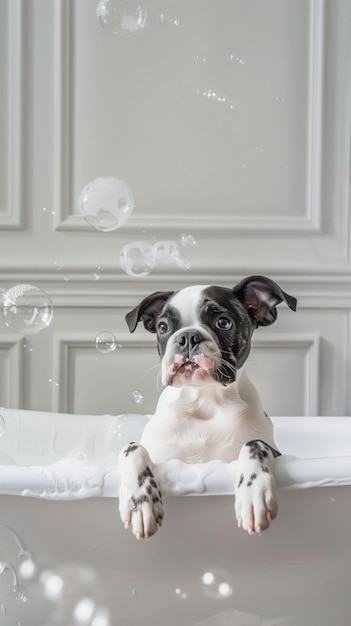 Photo cute french bulldog puppy in white bathtub with bubbles playful pet bath time