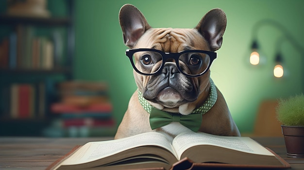 Cute french bulldog student wearing glasses with pile of books AI generated image