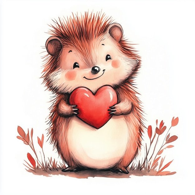 Cute friendly hedgehog holds a heart surrounded by soft plants in a whimsical playful setting