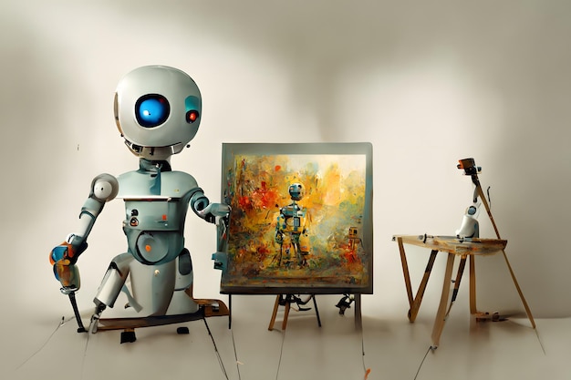 Cute and friendly robot artist in the studio next to his easel painting and paints while working