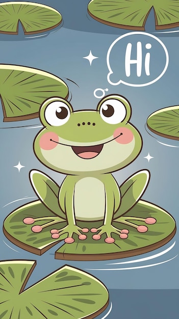 Cute frog face with a bubble chat hi cartoon style funny Comic character