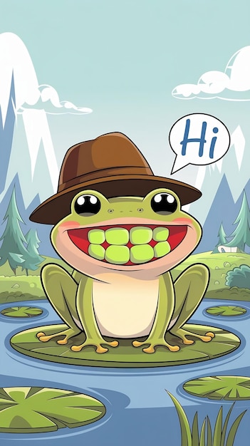 Photo cute frog face with a bubble chat hi cartoon style funny comic character