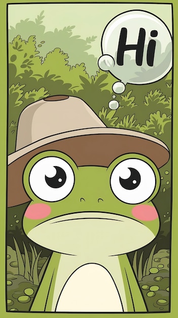 Cute frog face with a bubble chat hi cartoon style funny Comic character