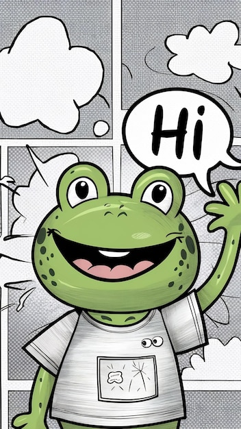 Cute frog face with a bubble chat hi cartoon style funny Comic character