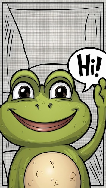 Cute frog face with a bubble chat hi cartoon style funny Comic character