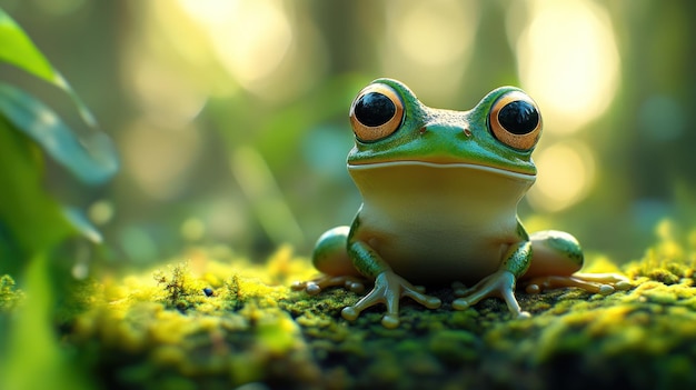 Photo cute frog sitting on moss