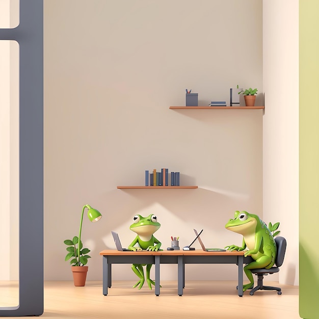 Cute frogs collaborate front single desk in office room