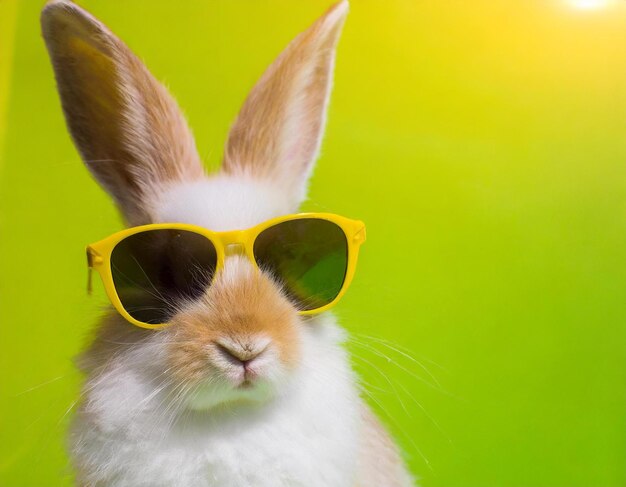 Cute funny bunny wearing sunglasses on color background Space for text