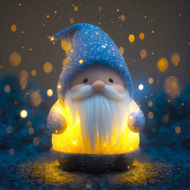 Cute funny cartoon dwarf closeup photo over defocused particles backdrop