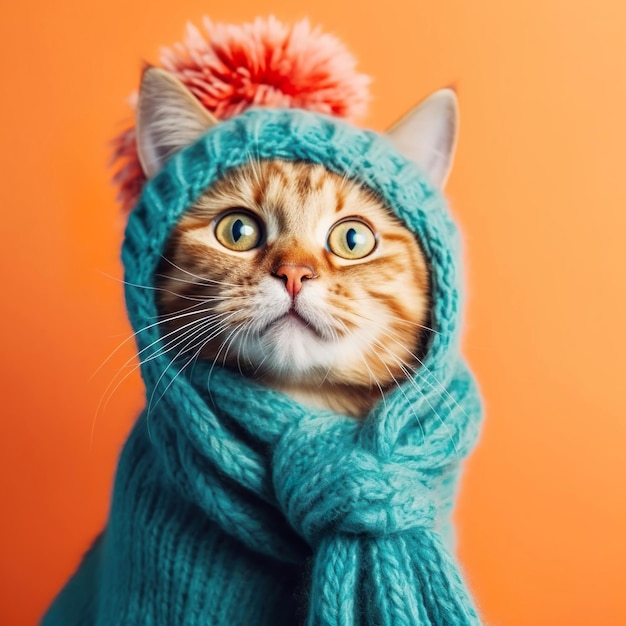 Cute Funny Cat in Blue Knitted Hat Blue Scarf on Orange background Breed Maine Coon Tabby Ginger