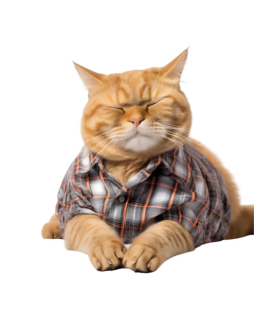 cute and funny cat sleeping still wearing shirt isolated on a white background