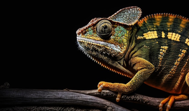 Cute funny chameleon Chameleon calyptratus on a branch