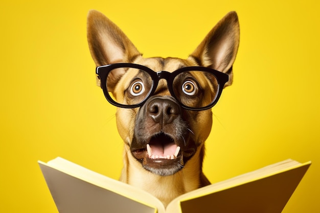 Cute funny dog reading book Education concept