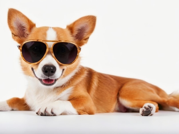 Cute_funny_dog_wearing_sunglasses_on_white_background