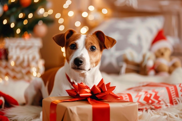 Cute funny dog with gift in room decorated for Christmas