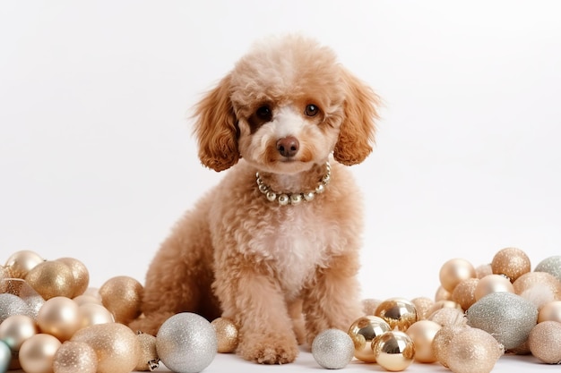 Cute funny dog with gift in room decorated for Christmas