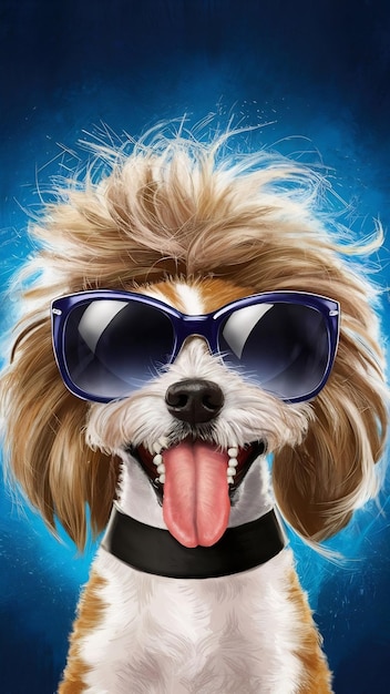 Cute and funny dog with hair and sunglasses on blue background