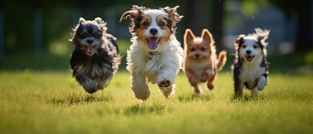 Cute funny dogs group running and playing on green grass in park