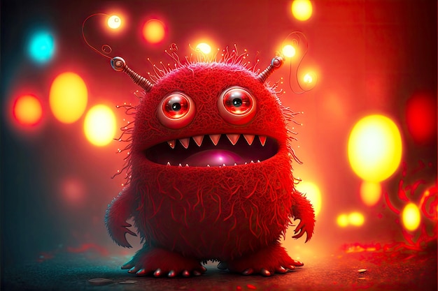 Cute funny monster in red costume on illuminated background generative ai