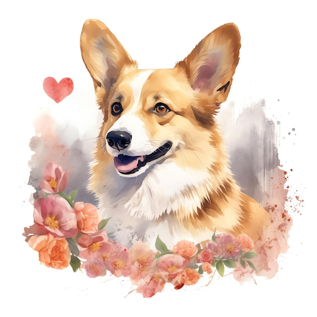 Cute funny puppy Corgi lively and active full of energy of love pet with flowers in cartoon style