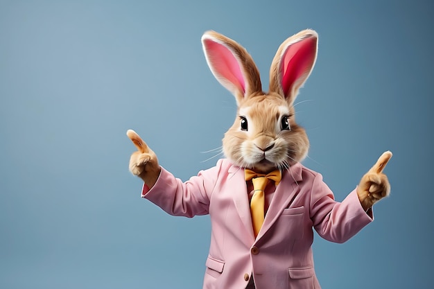 Cute funny rabbit in pink shirt and bow tie pointing finger copy space background