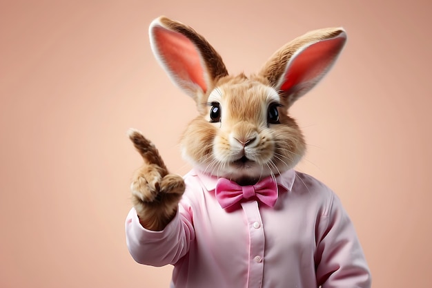 Cute funny rabbit in pink shirt and bow tie pointing finger copy space background