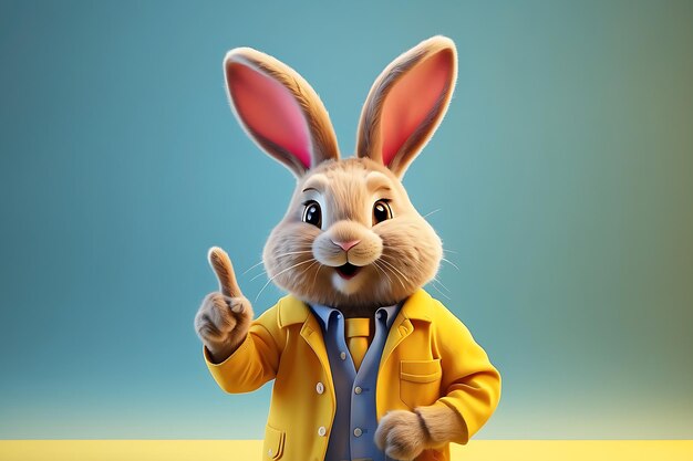 Cute funny rabbit in pink shirt and bow tie pointing finger copy space background