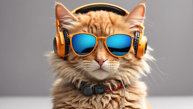 cute funny style cat in clothes sunglasses and headphones