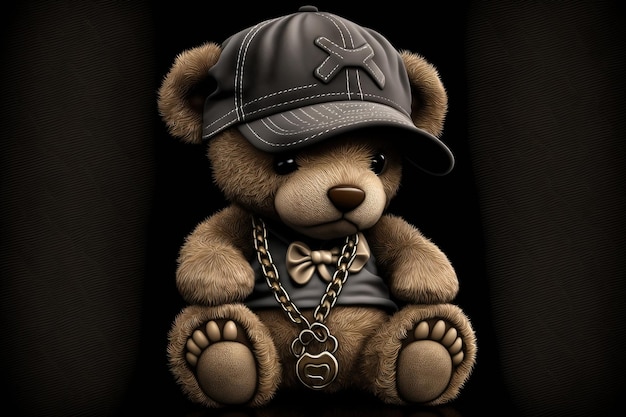 Cute funny teddy bear in a cap and with a chain on a black background Generative AI