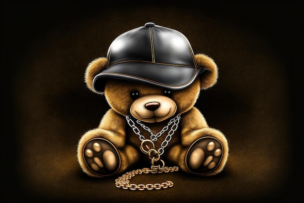 Cute funny teddy bear in a cap and with a chain on a black background Generative AI