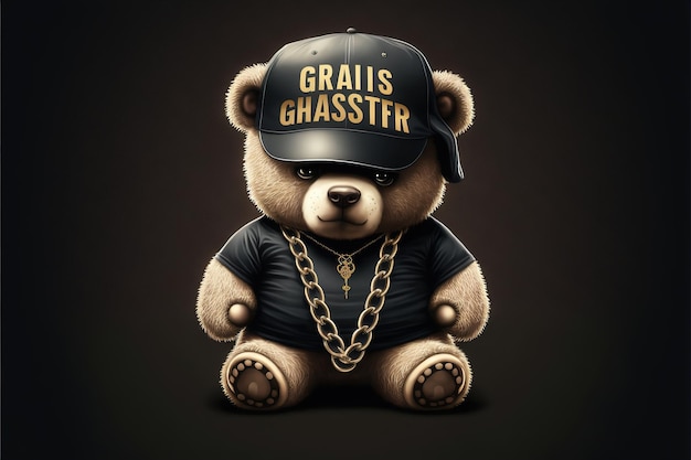 Photo cute funny teddy bear in a cap and with a chain on a black background generative ai