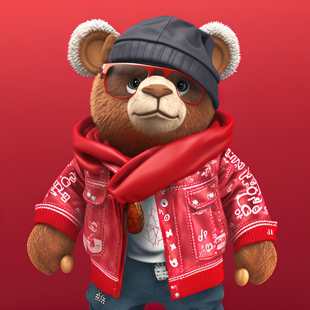 Cute funny teddy bear in a red jacket and sunglasses 3d illustration