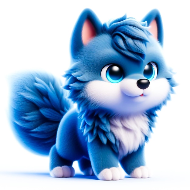 Cute furry blue wolf 3D character on white background