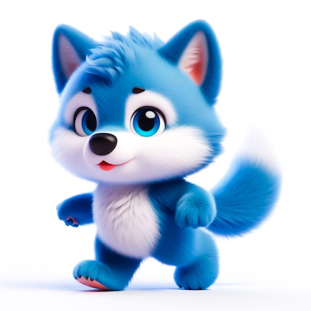 Cute furry blue wolf 3D character on white background