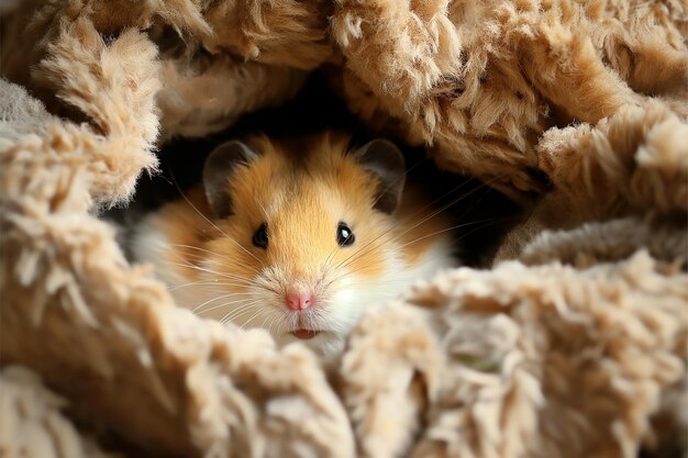 Photo cute furry hamster snuggled in a soft fluffy cave showcasing the adorable animal and its rodent charm