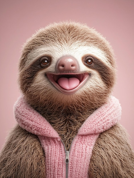 Cute furry sloth 3D image on pink background