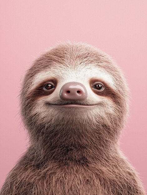 Photo cute furry sloth 3d image on pink background