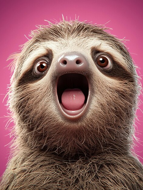 Photo cute furry sloth 3d image on pink background