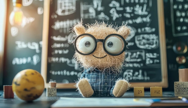 Photo cute furry toy with glasses in classroom setting