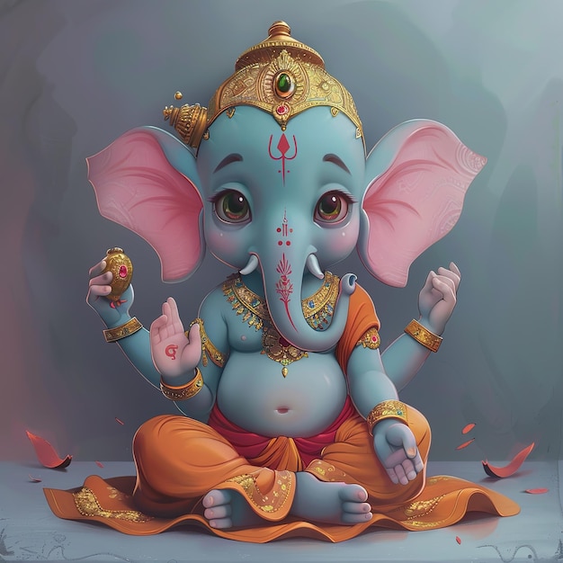 Cute Ganesha sitting in a simple pose with a pastel color background