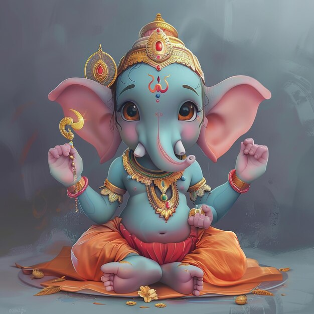 Cute Ganesha sitting in a simple pose with a pastel color background