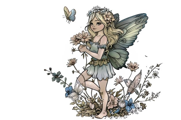 Photo cute garden fairy with flowers and butterfly