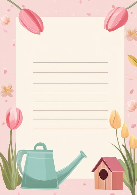 Photo cute gardeninspired letter paper with tulips and a birdhouse