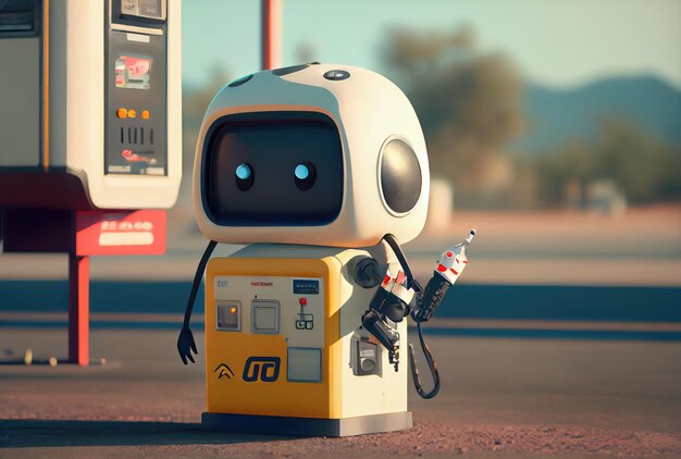 Cute gas station attendant service robot waiting customer for filling the car fuel Innovative technology and Occupation concept Generative AI