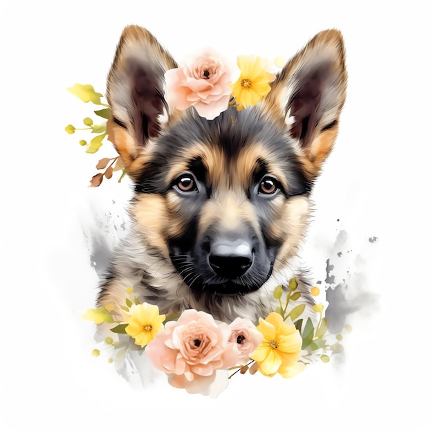 Cute German shepherd dog in boho style surrounded by flowers and plants Beautiful German shepherd